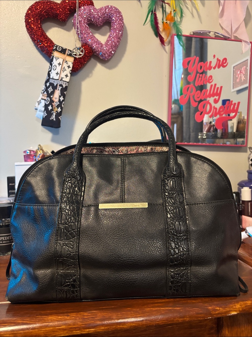 Black Leather Structured Satchel with Textured Trim